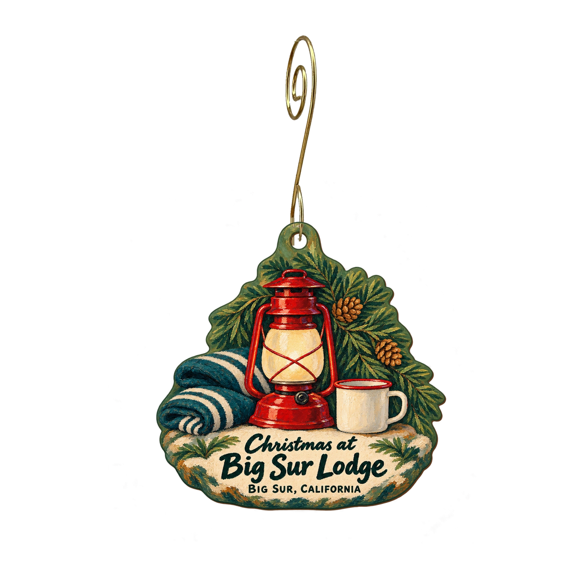 Big Sur Lodge — Christmas custom wood ornament OC1911, photographic gold spiral hook