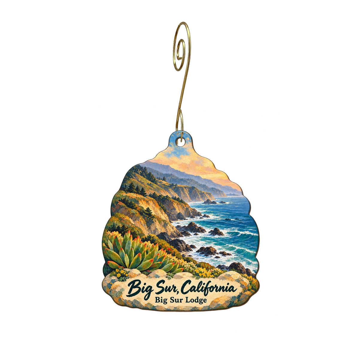 Big Sur Lodge — Local inspiration custom wood ornament OC1912, photographic gold spiral hook