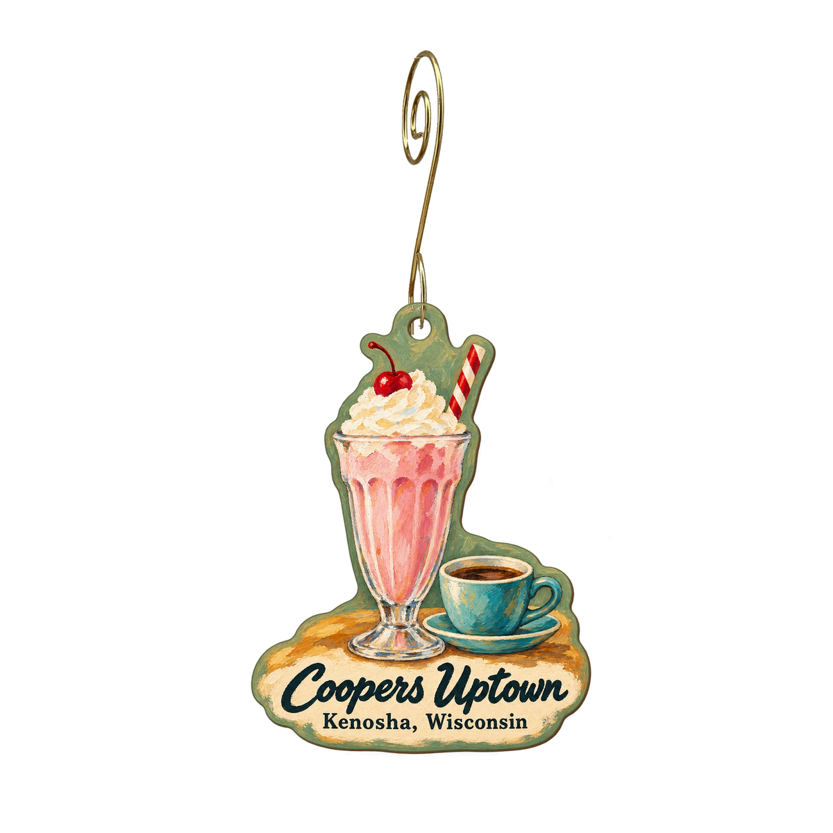 Coopers Uptown — Store identity custom wood ornament OC1913, photographic gold spiral hook