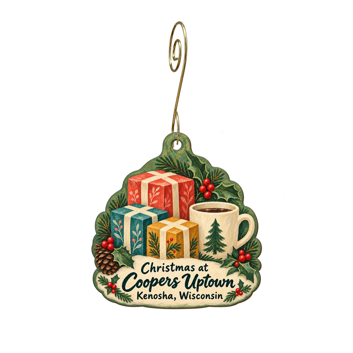 Coopers Uptown — Christmas custom wood ornament OC1914, photographic gold spiral hook