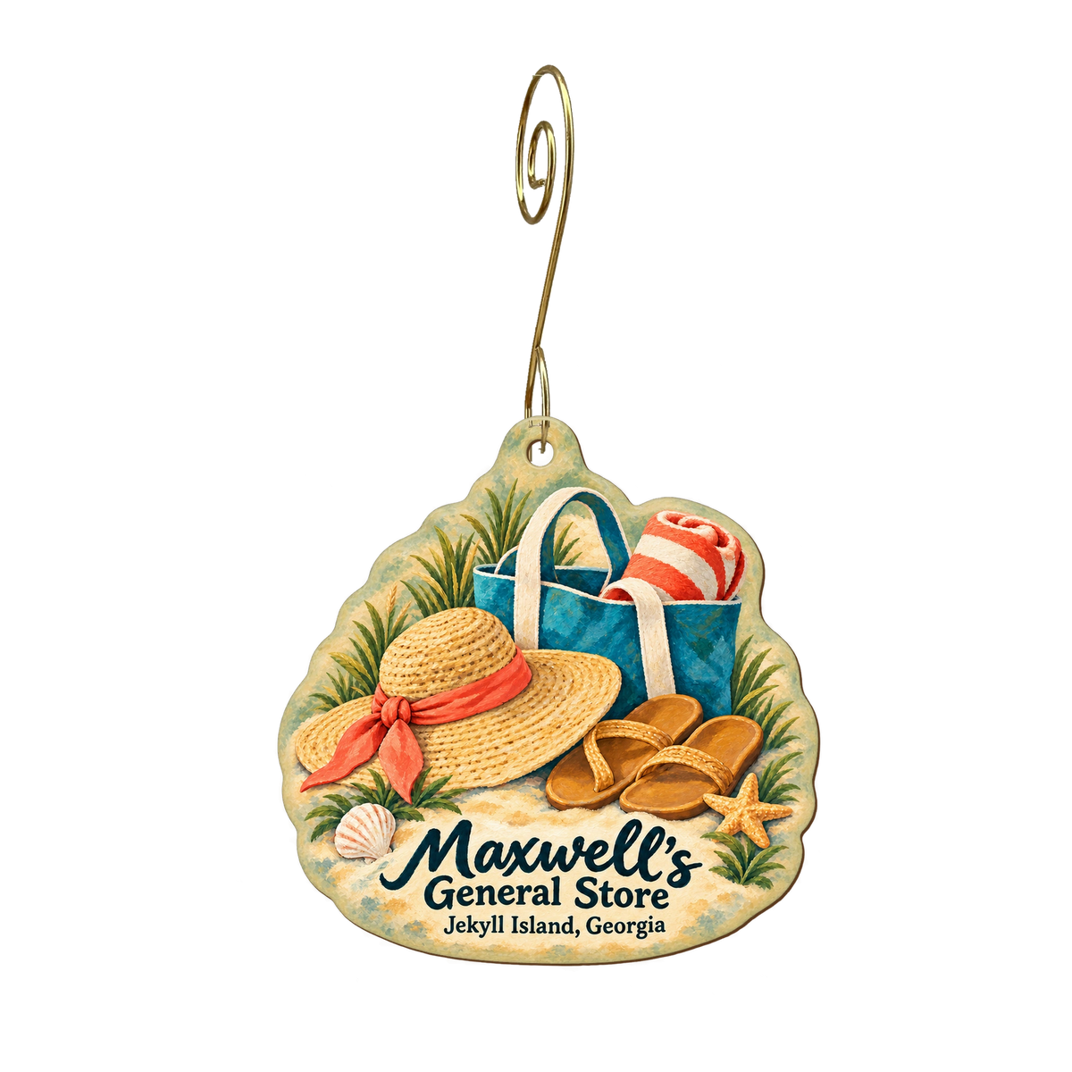 Maxwell's — Store identity custom wood ornament OC1916, photographic gold spiral hook