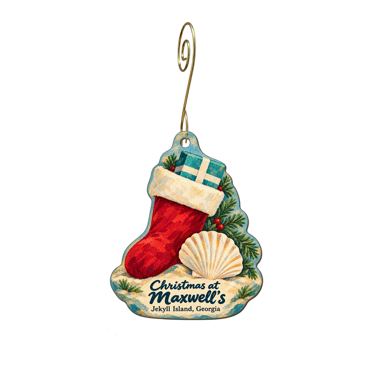 Maxwell's — Christmas custom wood ornament OC1917, photographic gold spiral hook
