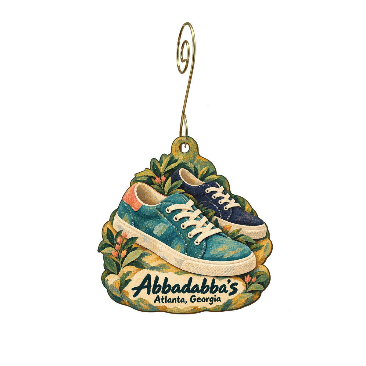 Abbadabba's — Store identity custom wood ornament OC1919, photographic gold spiral hook