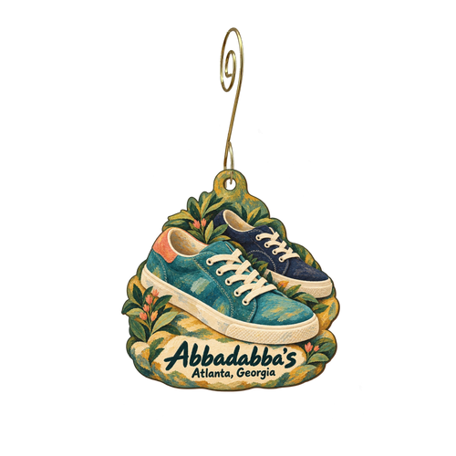 Abbadabba's — Store identity custom wood ornament OC1919, photographic gold spiral hook