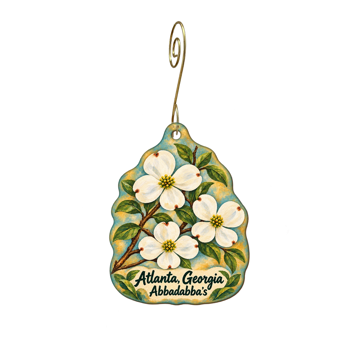 Abbadabba's — Local inspiration custom wood ornament OC1921, photographic gold spiral hook