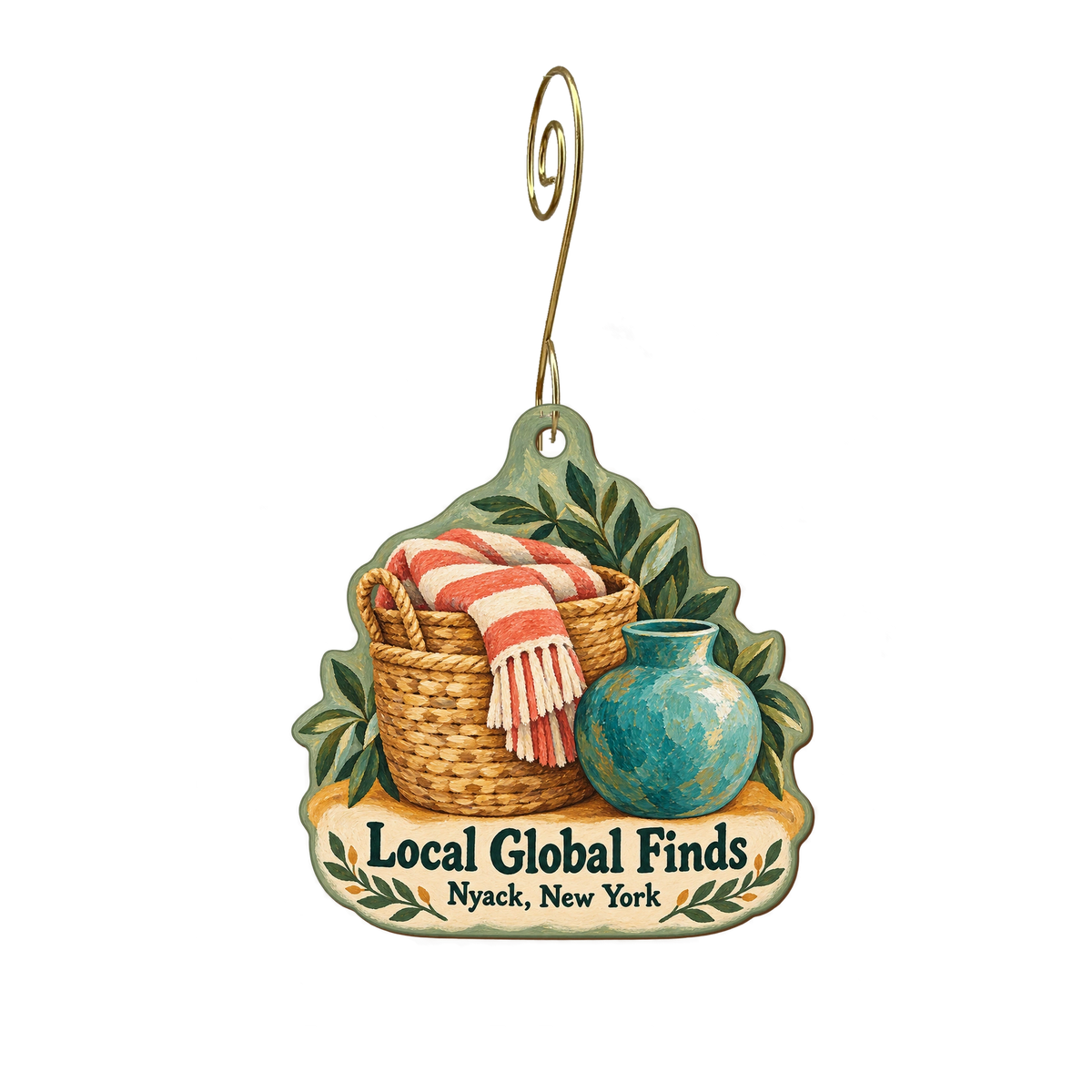Local Global Finds — Store identity custom wood ornament OC1922, photographic gold spiral hook