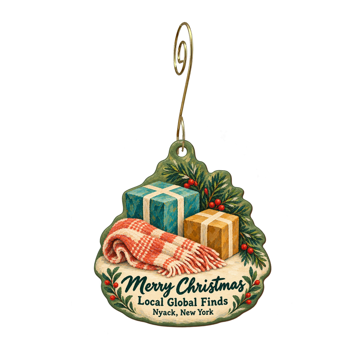 Local Global Finds — Christmas custom wood ornament OC1923, photographic gold spiral hook