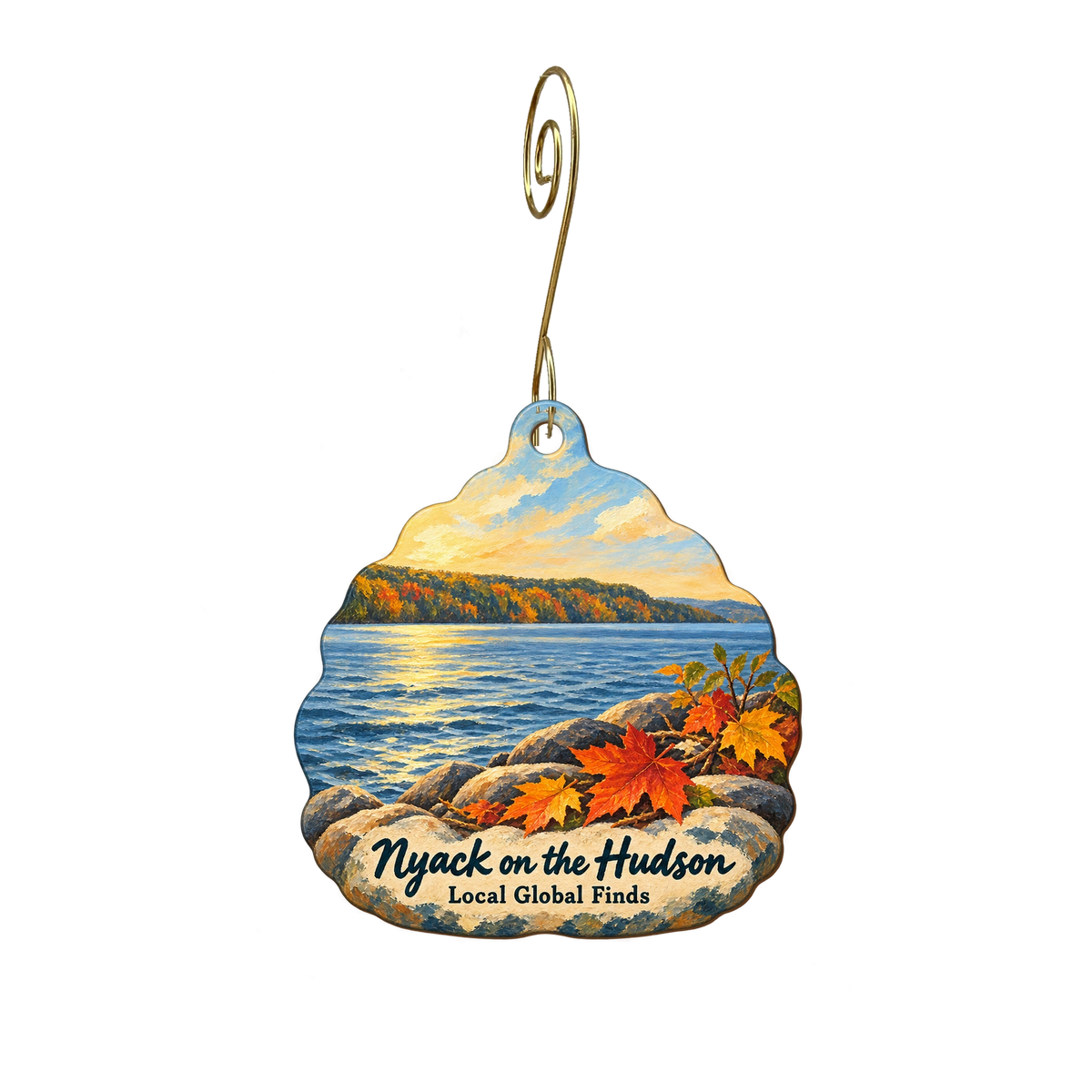 Local Global Finds — Local inspiration custom wood ornament OC1924, photographic gold spiral hook
