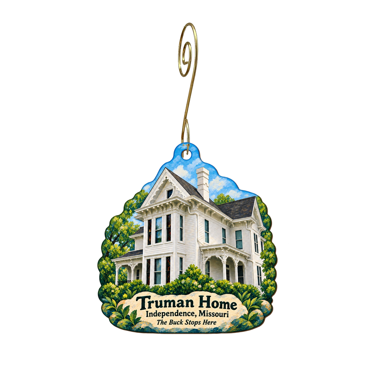 The Buck Stops Here — Local inspiration custom wood ornament OC1927, photographic gold spiral hook