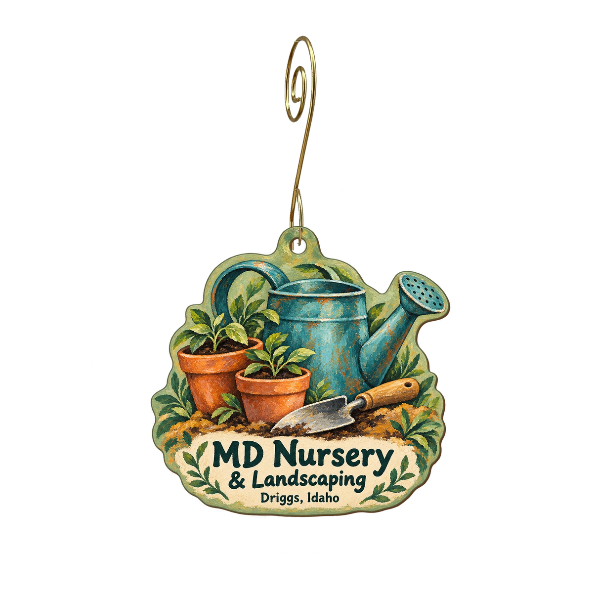 MD Nursery and Landscaping — Store identity custom wood ornament OC1928, photographic gold spiral hook
