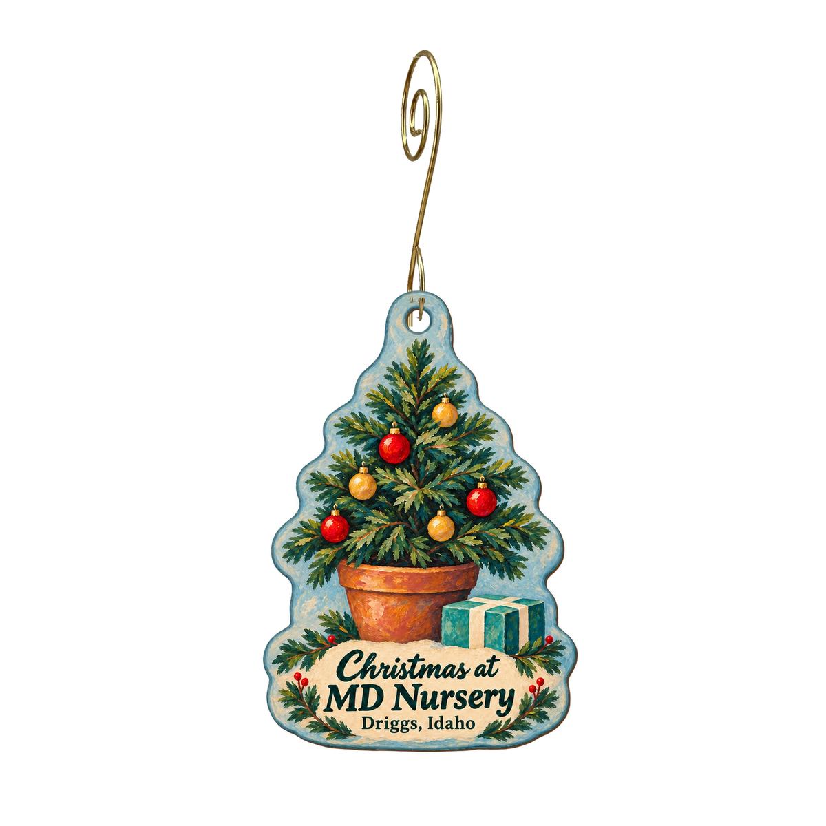 MD Nursery and Landscaping — Christmas custom wood ornament OC1929, photographic gold spiral hook
