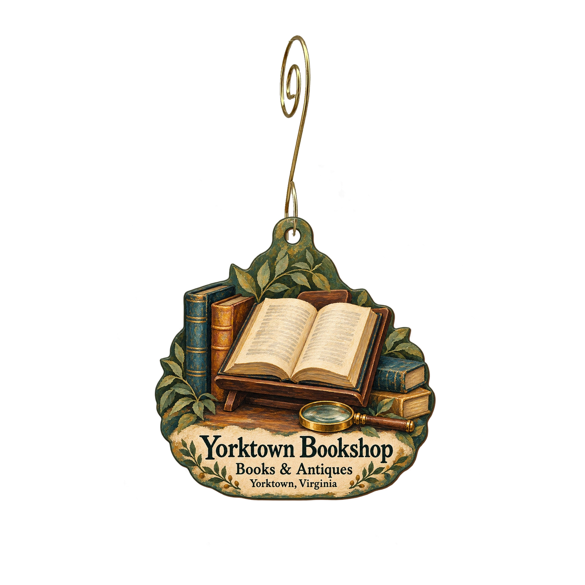 Yorktown Bookshop — Store identity custom wood ornament OC1931, photographic gold spiral hook