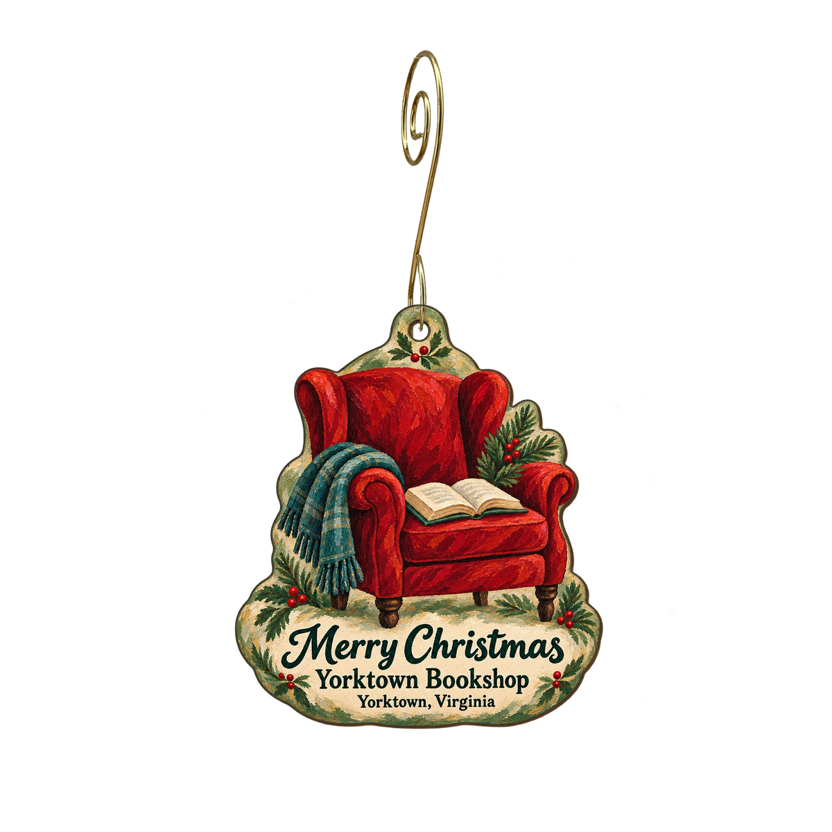 Yorktown Bookshop — Christmas custom wood ornament OC1932, photographic gold spiral hook