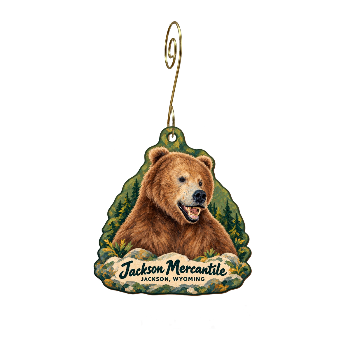 Jackson Mercantile - Mountain GIfts and Taxidermy — Store identity custom wood ornament OC1934, photographic gold spiral hook