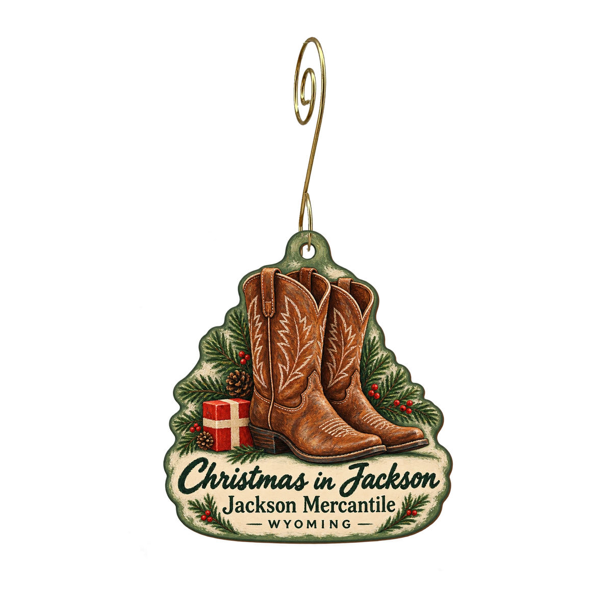 Jackson Mercantile - Mountain GIfts and Taxidermy — Christmas custom wood ornament OC1935, photographic gold spiral hook
