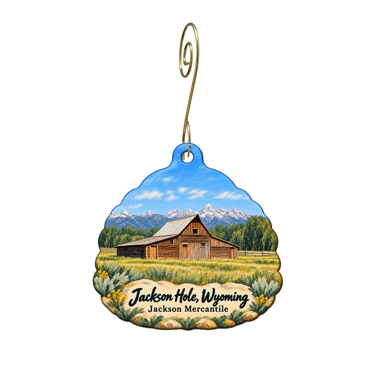 Jackson Mercantile - Mountain GIfts and Taxidermy — Local inspiration custom wood ornament OC1936, photographic gold spiral hook