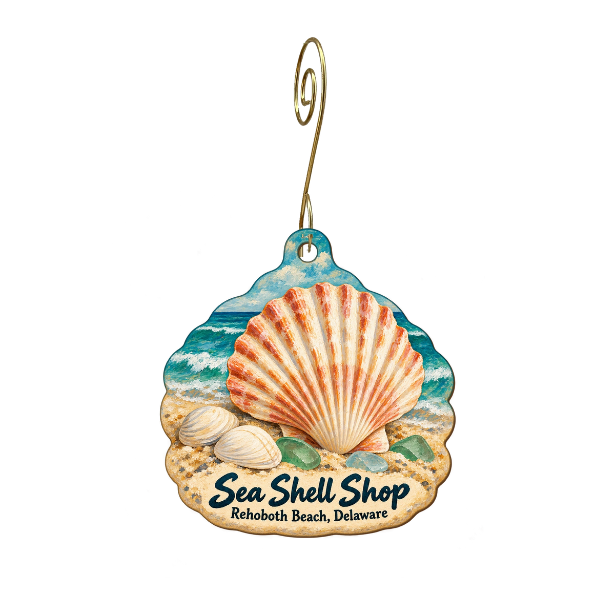 Sea Shell Shop — Store identity custom wood ornament OC1937, photographic gold spiral hook
