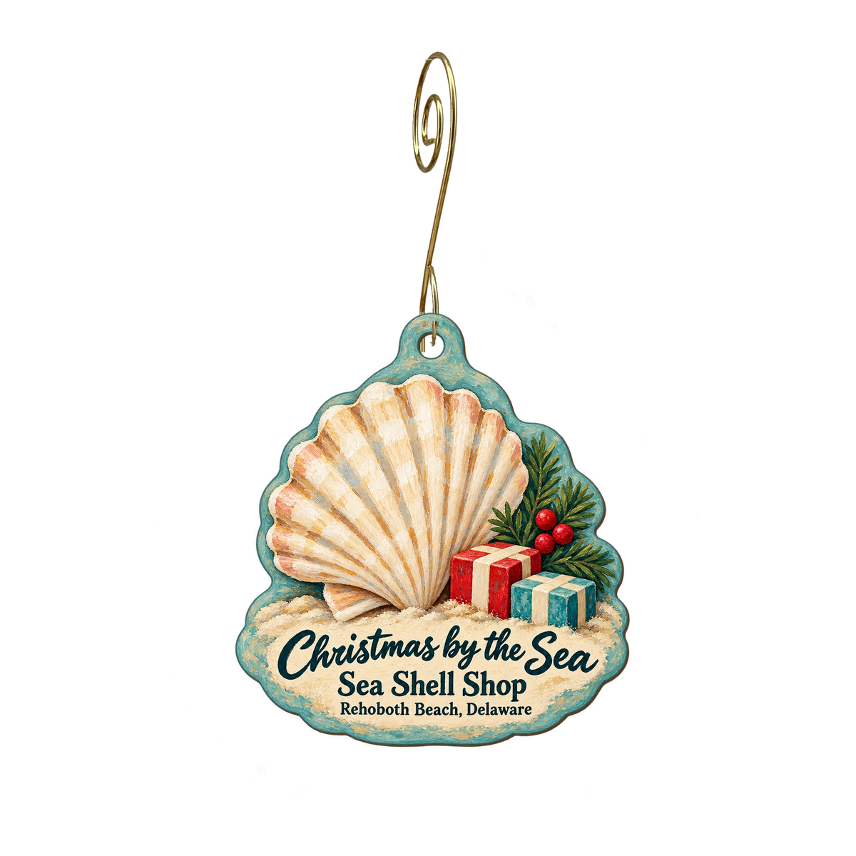 Sea Shell Shop — Christmas custom wood ornament OC1938, photographic gold spiral hook