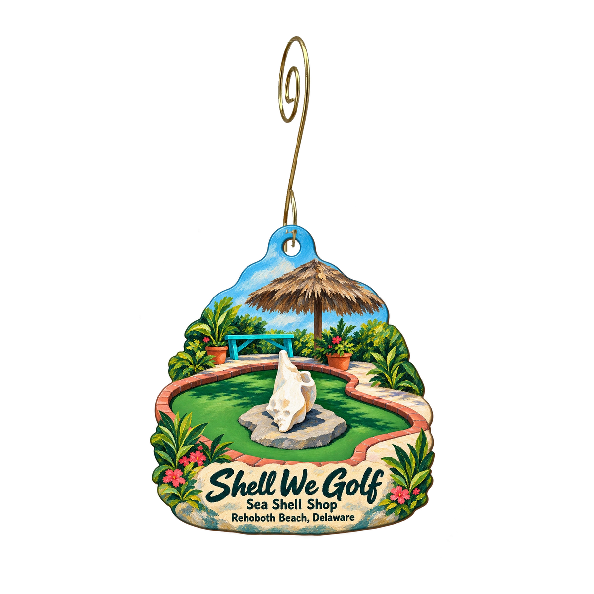Sea Shell Shop — Local inspiration custom wood ornament OC1939, photographic gold spiral hook