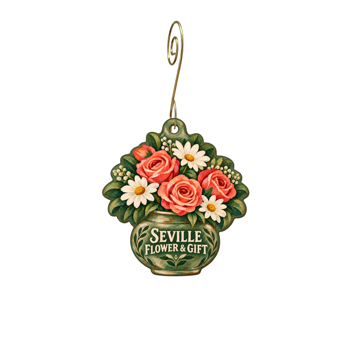 Seville Flower — Store identity custom wood ornament OC1940, photographic gold spiral hook