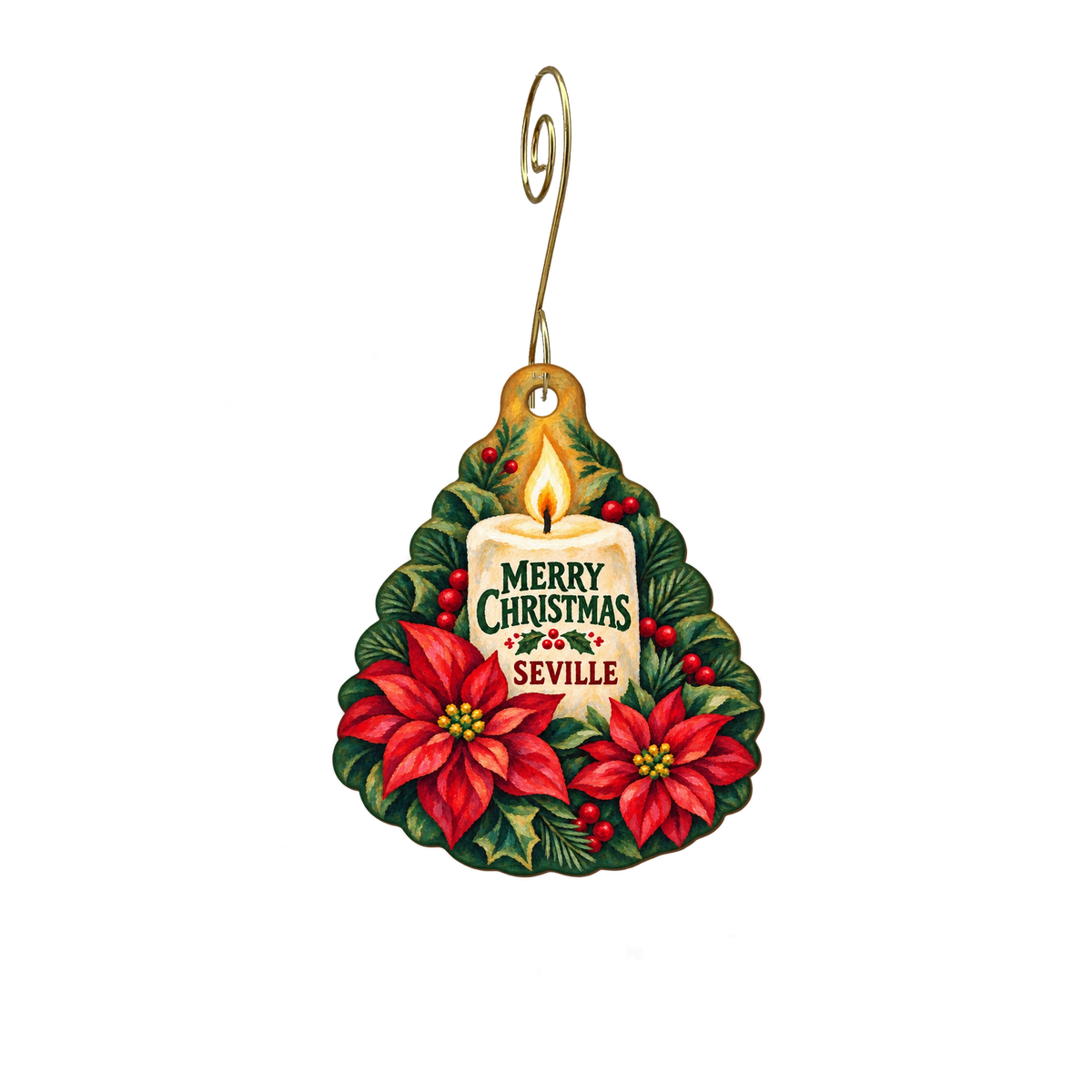 Seville Flower — Christmas custom wood ornament OC1941, photographic gold spiral hook