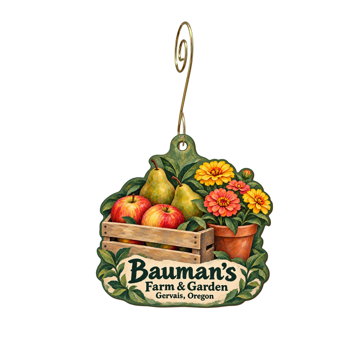 Bauman's Farm and Garden — Store identity custom wood ornament OC1943, photographic gold spiral hook