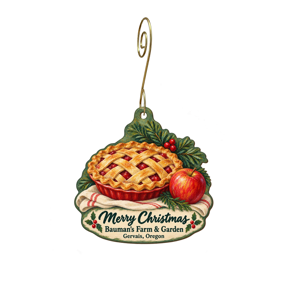 Bauman's Farm and Garden — Christmas custom wood ornament OC1944, photographic gold spiral hook