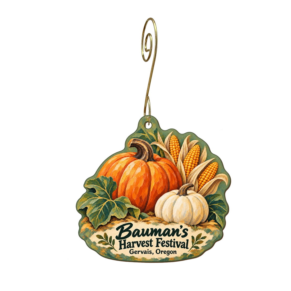 Bauman's Farm and Garden — Local inspiration custom wood ornament OC1945, photographic gold spiral hook