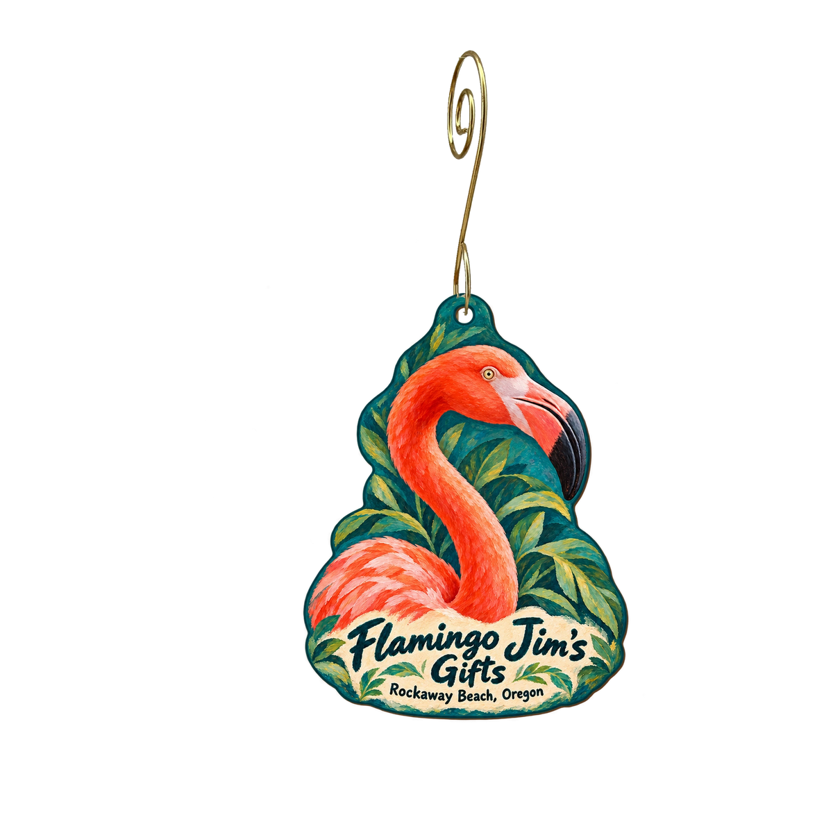 Flamingo Jim's Gifts — Store identity custom wood ornament OC1946, photographic gold spiral hook