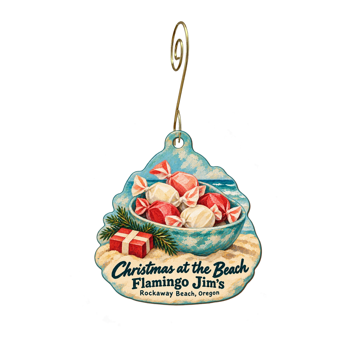 Flamingo Jim's Gifts — Christmas custom wood ornament OC1947, photographic gold spiral hook