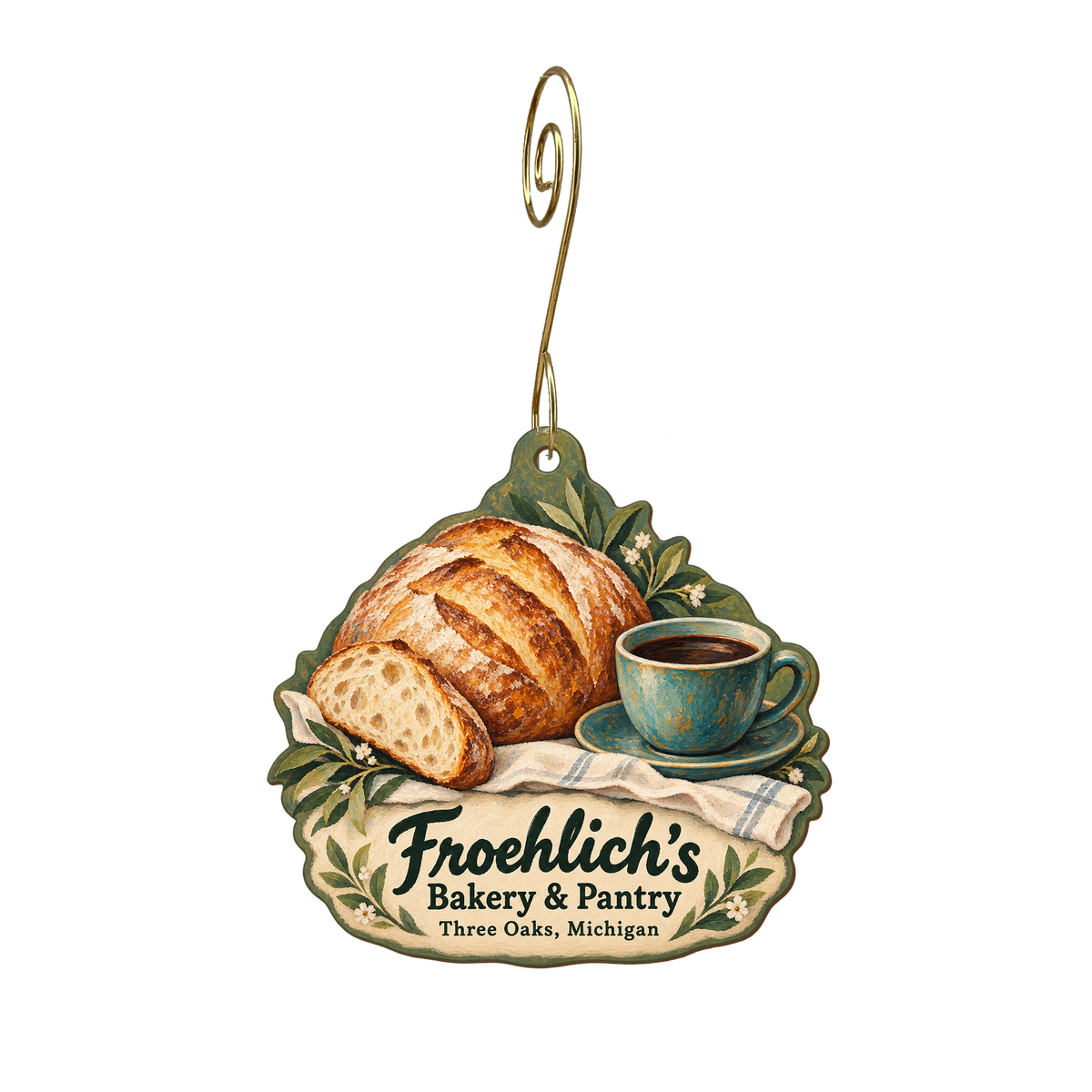 Froehlich's — Store identity custom wood ornament OC1949, photographic gold spiral hook