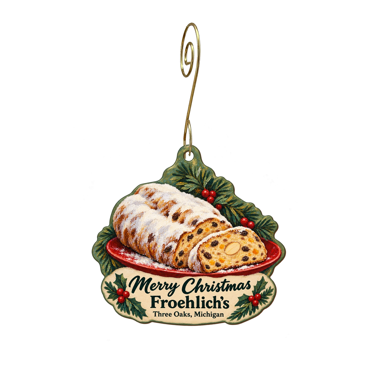 Froehlich's — Christmas custom wood ornament OC1950, photographic gold spiral hook