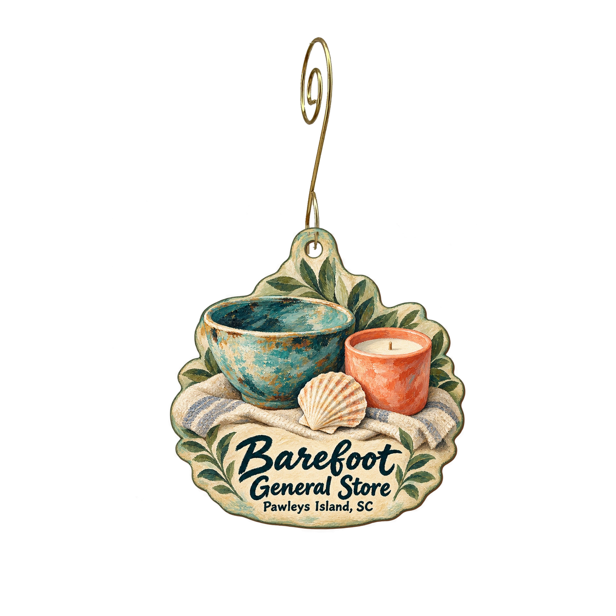 Barefoot General Store — Store identity custom wood ornament OC1952, photographic gold spiral hook