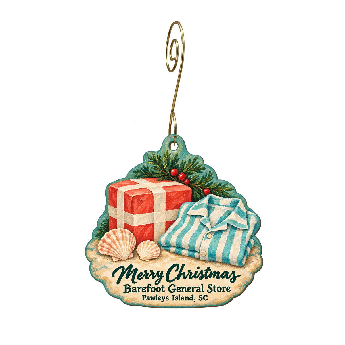 Barefoot General Store — Christmas custom wood ornament OC1953, photographic gold spiral hook