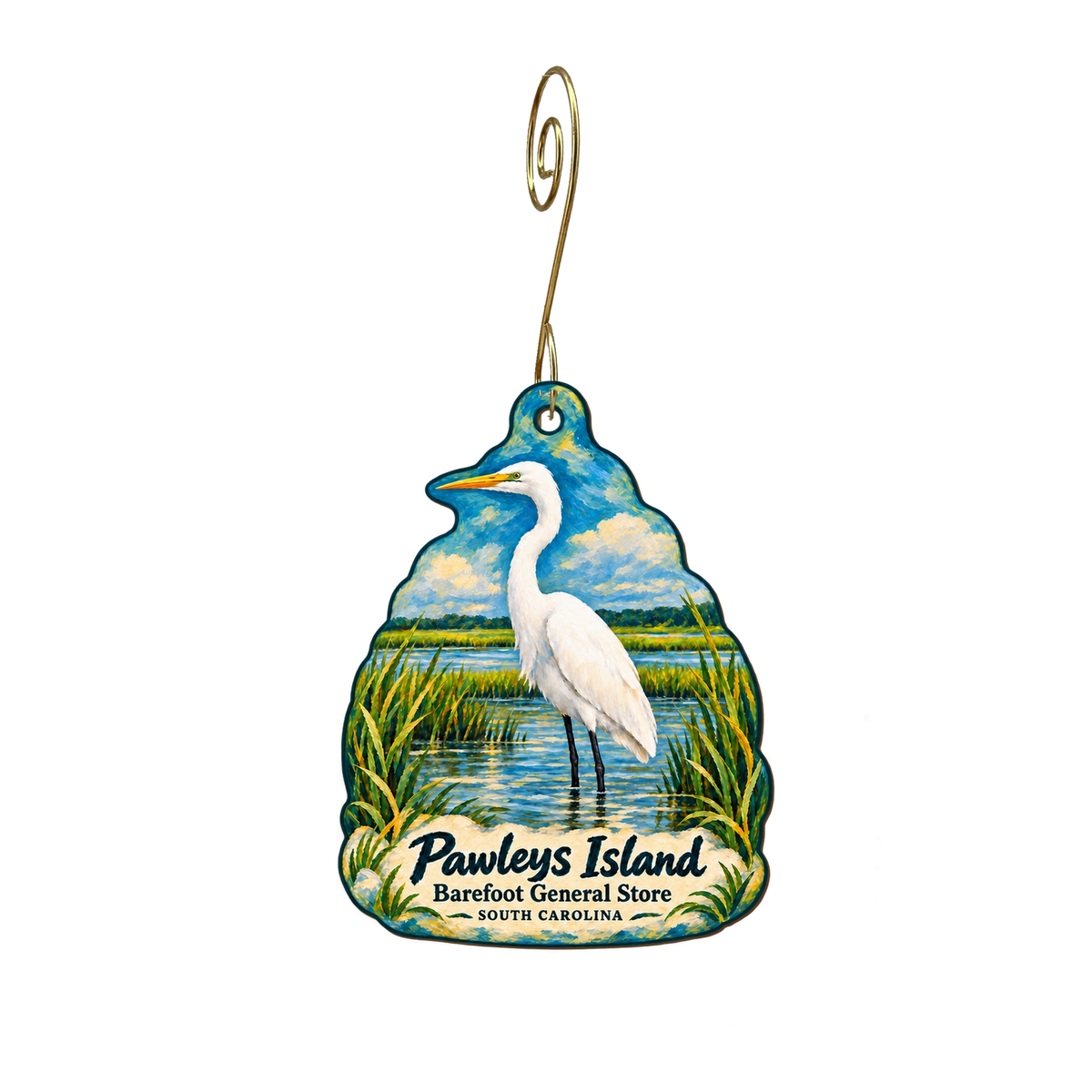 Barefoot General Store — Local inspiration custom wood ornament OC1954, photographic gold spiral hook