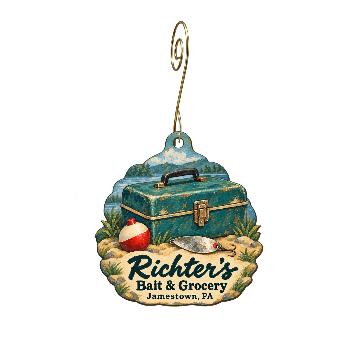 Richters Holdings — Store identity custom wood ornament OC1955, photographic gold spiral hook