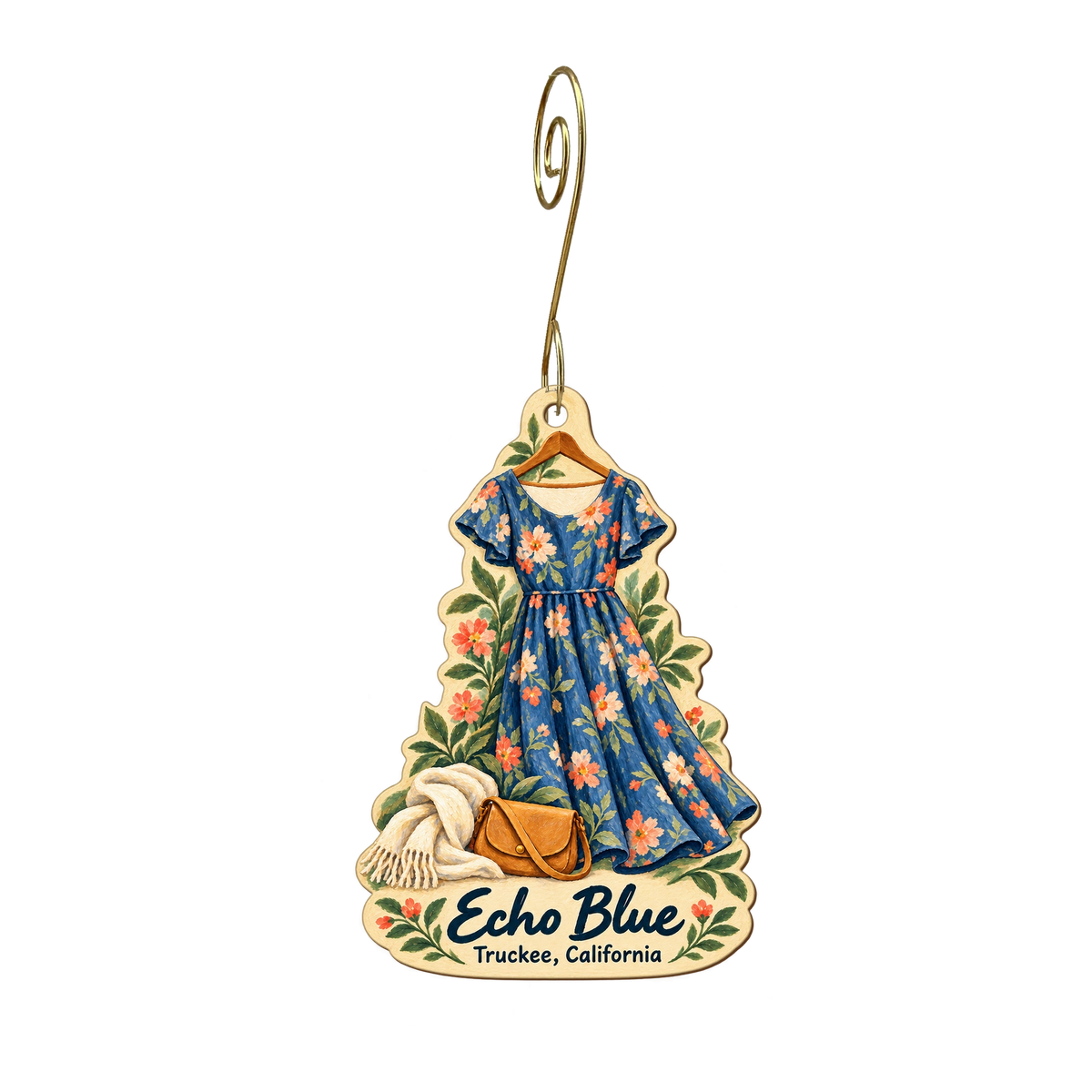 Echo Blue — Store identity custom wood ornament OC1958, photographic gold spiral hook