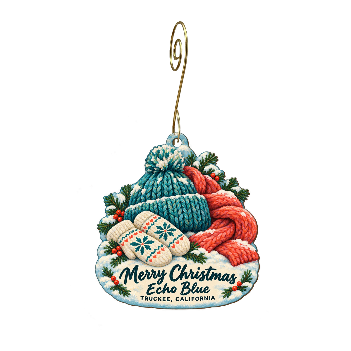 Echo Blue — Christmas custom wood ornament OC1959, photographic gold spiral hook