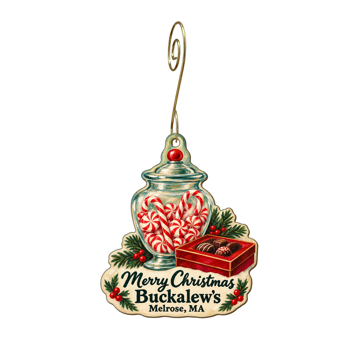 Buckalew's General Store — Christmas custom wood ornament OC1962, photographic gold spiral hook