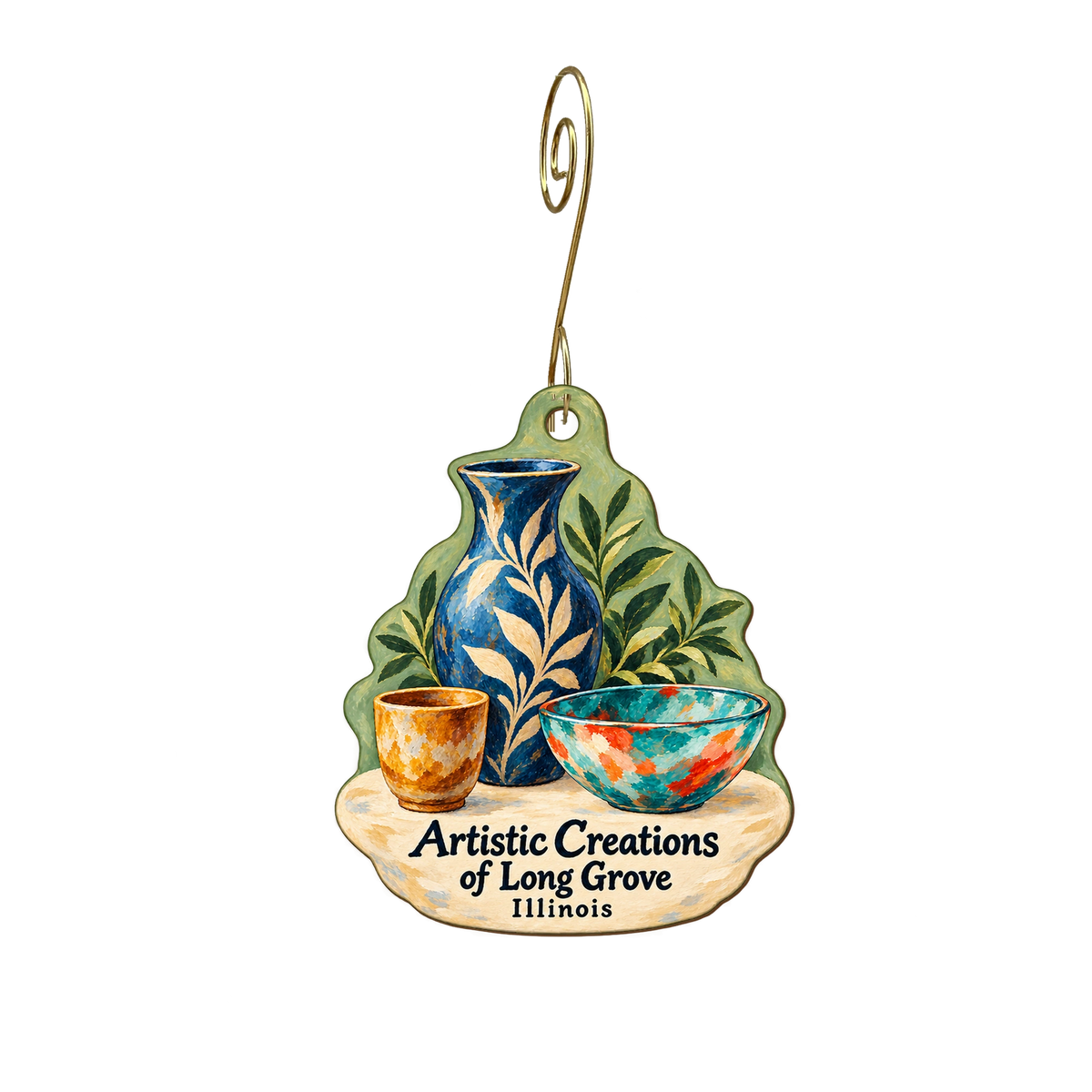 Artistic Creations of Long Grove — Store identity custom wood ornament OC1964, photographic gold spiral hook