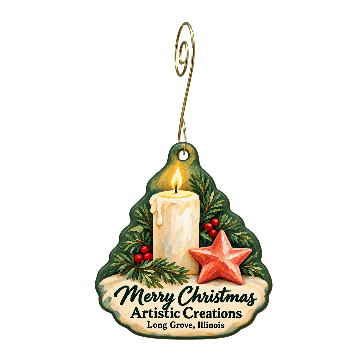 Artistic Creations of Long Grove — Christmas custom wood ornament OC1965, photographic gold spiral hook