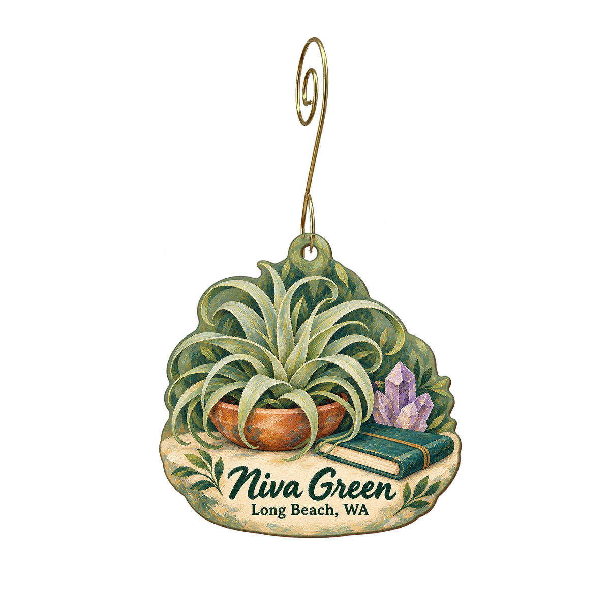 Niva Green — Store identity custom wood ornament OC1967, photographic gold spiral hook