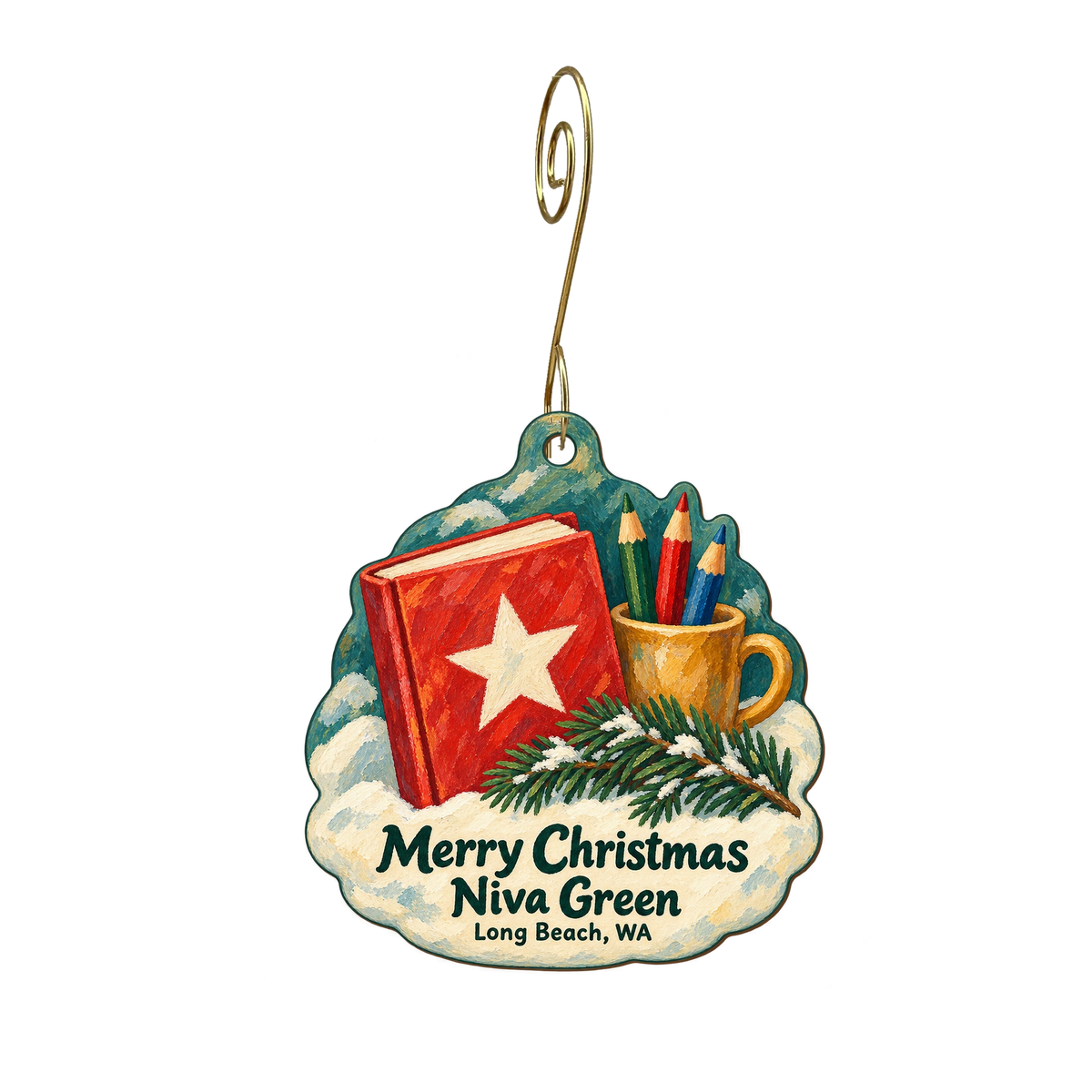 Niva Green — Christmas custom wood ornament OC1968, photographic gold spiral hook