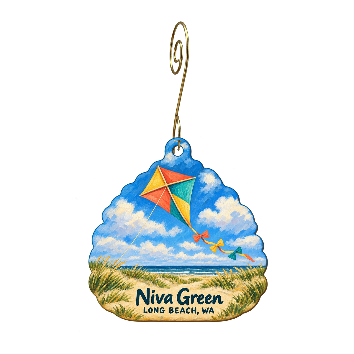 Niva Green — Local inspiration custom wood ornament OC1969, photographic gold spiral hook