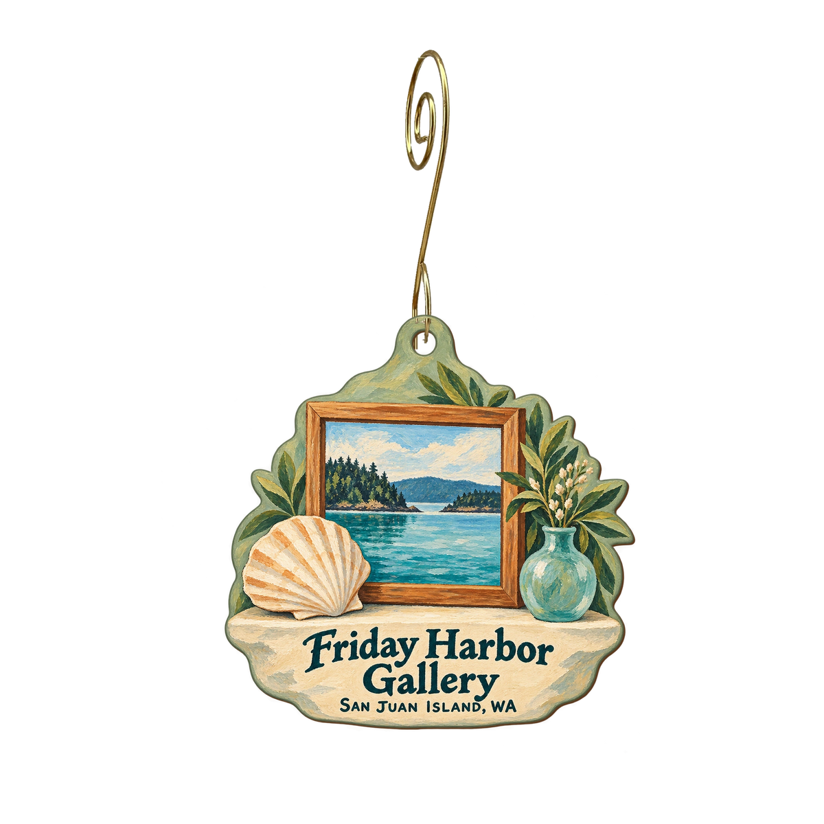 Friday Harbor Gallery — Store identity custom wood ornament OC1970, photographic gold spiral hook