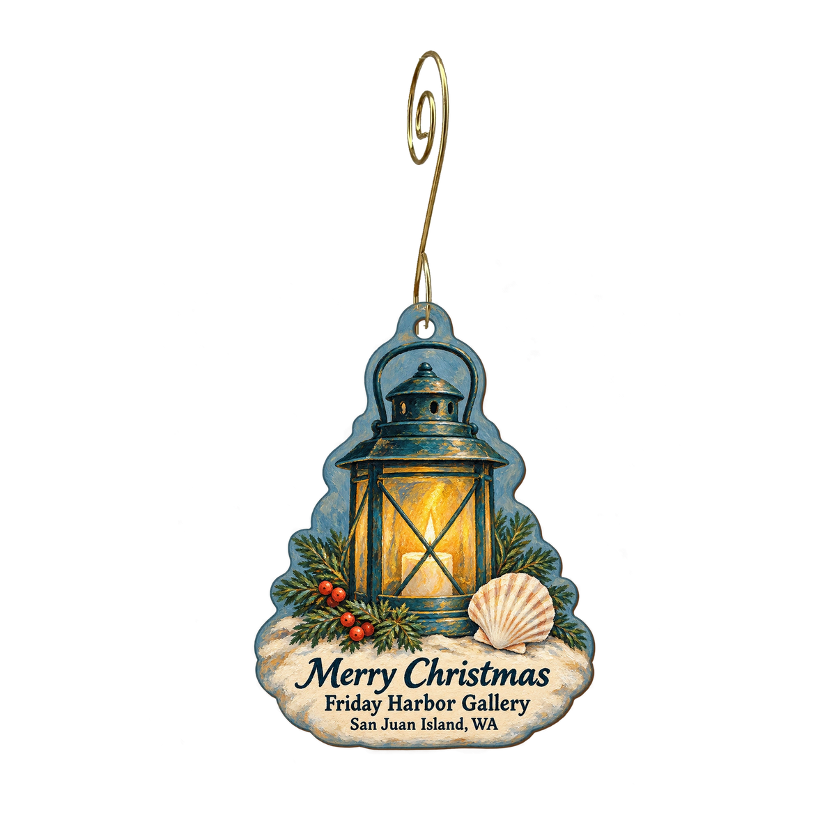 Friday Harbor Gallery — Christmas custom wood ornament OC1971, photographic gold spiral hook
