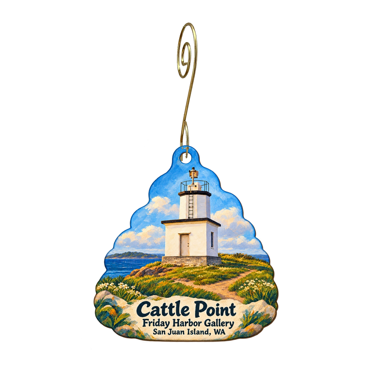 Friday Harbor Gallery — Local inspiration custom wood ornament OC1972, photographic gold spiral hook