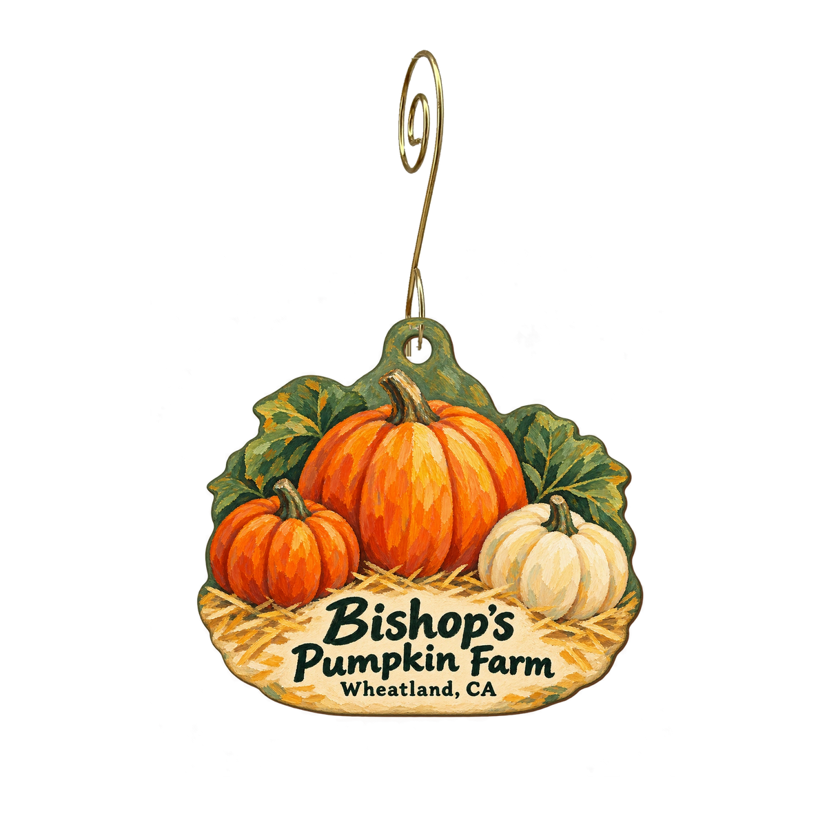 Bishop's Pumpkin Farm — Store identity custom wood ornament OC1973, photographic gold spiral hook