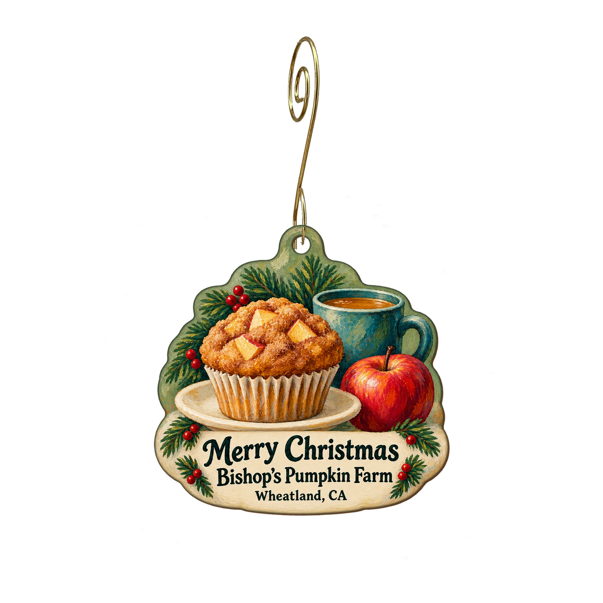 Bishop's Pumpkin Farm — Christmas custom wood ornament OC1974, photographic gold spiral hook