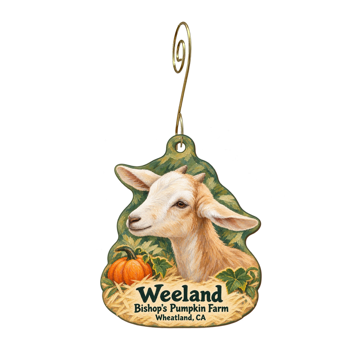 Bishop's Pumpkin Farm — Local inspiration custom wood ornament OC1975, photographic gold spiral hook